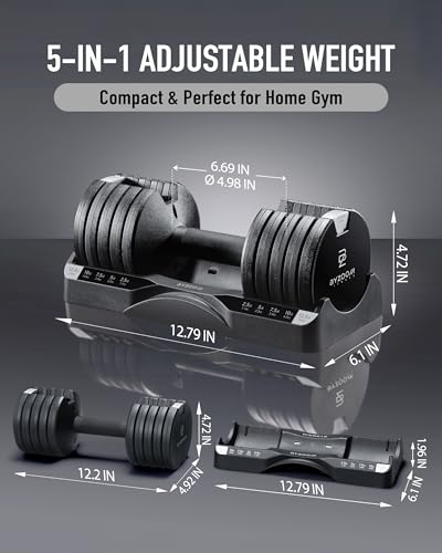 BYZOOM FITNESS Pure Series Adjustable Dumbbell - 12.5/25/27.5/50/55/75lb - ONE UNIT OR PAIR(check QTY before purchase) - 5-in-1/ 10-in-1 / 15-in-1 / 21-in-1 Flexible Hand Weights for Home Apartment Garage Gym, Strength Training & Fitness Workouts, White O