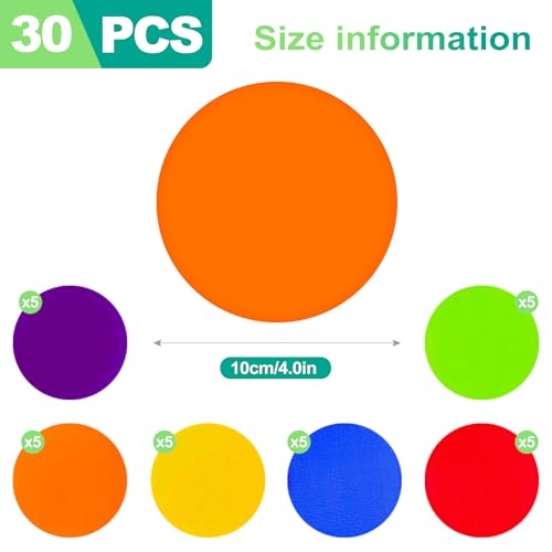 slaixiu 30PCS 4" Rubber Floor Dots - Non-Slip Gym Circles for Kids Agility Training, Classroom Carpet Markers & Sit Spots