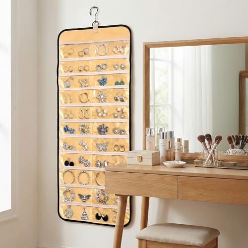 2pcs Double-Sided Hanging Jewelry Organizer for Closet with 48 Pockets & 21 Necklace Hooks Wall Mount Earring Holder Organizers Bracelet Necklace Display Hanger for Women Closet Wall Rings Display