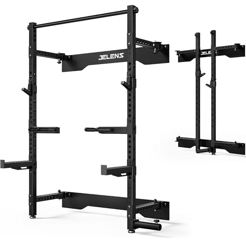 JELENS FS01 Folding Squat Rack, Wall Mounted Power Rack for Home Gym, Space Saving Multi-Functional Power Cage with More Attachments - color: Black, size: FS01 Squat Rack