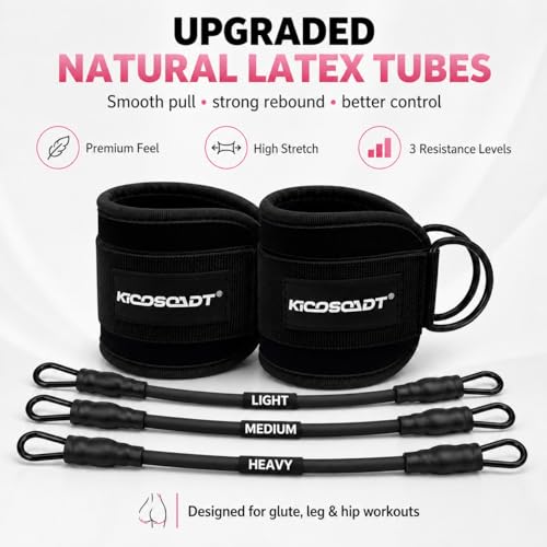 Ankle Resistance Bands with Cuffs, Natural Latex Tubes, 3 Levels for Leg and Glute Workouts, Padded Ankle Straps for Kickbacks, Hip Training and Home Gym Exercise for Women
