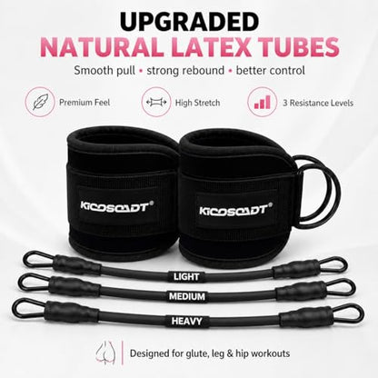 Ankle Resistance Bands with Cuffs, Natural Latex Tubes, 3 Levels for Leg and Glute Workouts, Padded Ankle Straps for Kickbacks, Hip Training and Home Gym Exercise for Women