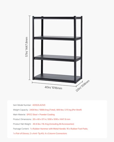VEVOR Storage Shelves, 2400 lbs, 4 Tier Garage Storage Shelving, 20" D x 40" W x 57" H Adjustable Metal Shelves for Garage Shelves Utility Rack Shelf, Ideal for Kitchen, Warehouse, Basement, Black - size: 20" D x 40" W x 57" H
