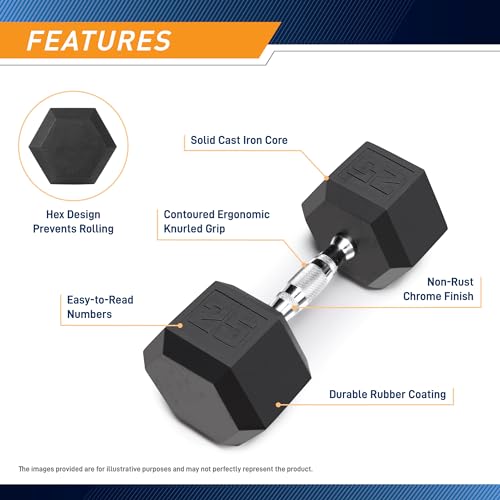 Marcy Classic Rubber Hex Dumbbell with Knurled Grip for Strength Training and Bodybuilding, 5lb - 50lb Single Dumbbell for Exercise & Fitness, Sold Individually - style: 25lb, Single