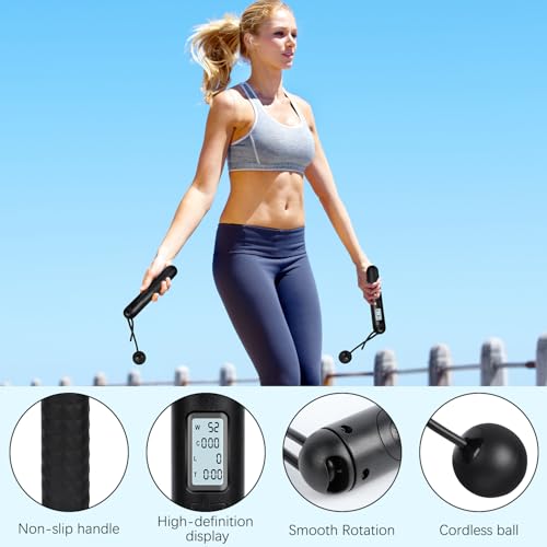 Skipping Rope with Counter, Cordless Jump Rope, Intelligent Timed Weighted Jump Rope, Adjustable Digital Counting Jumps Ropes for Lose Weight, Burn Calories
