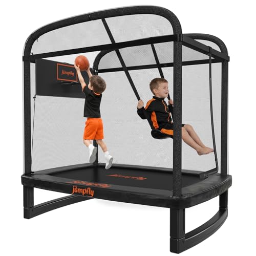 Toddler Trampoline,6FT Rectangle Trampoline with Swing & Basketball Hoop for Kids,Indoor & Outdoor Small Trampoline with Enclosure,Astm Approved