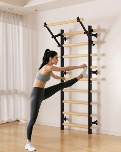 Swedish Ladder Wall Gym, Wooden Wall-Mounted Stall Bars with Pull-up Bar & Exercise Straps & Dip Bars, Stretching Ladder Full Body Home Gym Adults New