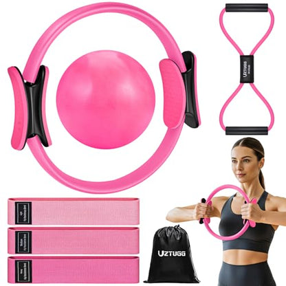 UZTUGG Pilates Kit for Women, Pilates Equipment with Pilates Ring and Ball Set, Fabric Resistance Bands, Figure 8 Resistance Band, Home Gym Equipment for Full-Body Workouts, Yoga & Physical Therapy - color: pink pilates kit