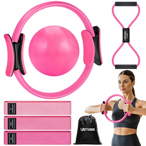 UZTUGG Pilates Kit for Women, Pilates Equipment with Pilates Ring and Ball Set, Fabric Resistance Bands, Figure 8 Resistance Band, Home Gym Equipment for Full-Body Workouts, Yoga & Physical Therapy - color: pink pilates kit