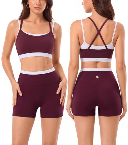 2 Pieces Workout Sets for Women,Seamless Athletic Short with Double Layer Sports Bra,Gym Matching Outfits - color: Red014, size: Large