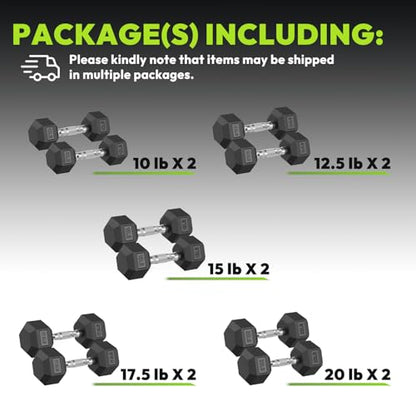 HANDBODE Rubber Coated Hex Dumbbell Set, 90-640 lb - size: 150 lb set (pair of 10, 12.5, 15, 17.5, 20)
