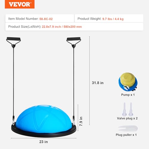 VEVOR Half Exercise Ball Trainer, 23/26 inch Balance Ball Trainer, 1500lbs Capacity Stability Ball, Yoga Ball with Resistance Bands & Foot Pump, Strength Fitness Ball for Home Gym Full Body Workout - color: 23" Particle Blue