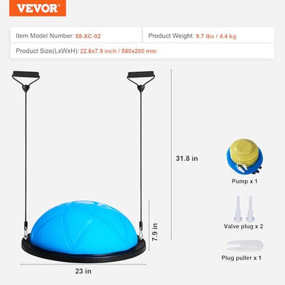 VEVOR Half Exercise Ball Trainer, 23/26 inch Balance Ball Trainer, 1500lbs Capacity Stability Ball, Yoga Ball with Resistance Bands & Foot Pump, Strength Fitness Ball for Home Gym Full Body Workout - color: 23" Particle Blue