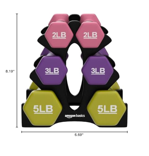 Amazon Basics Neoprene Dumbbell Hand Weights for Exercise and Muscle Toning - style: Rack with 3 Pairs (2, 3, and 5 Pound)
