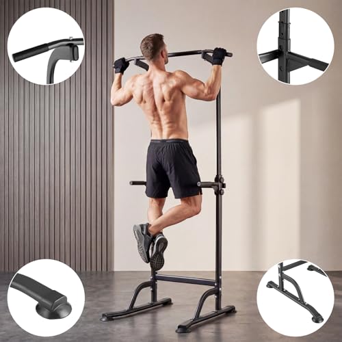 Power Tower Home Gym Strength Training Station Adjustable 10 Height Levels, Heavy-Duty Chin-Up Tower with Parallel Dip Handles, Bodyweight Workout Equipment for Pull-Ups, Dips, Knee Raises, Push-Ups, 330 Lb Capacity