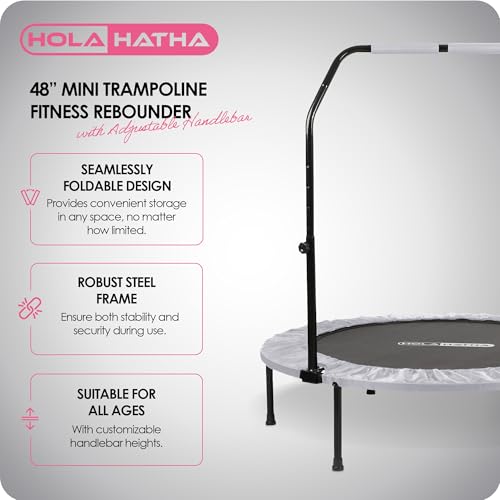 48-Inch Foldable Mini Trampoline Fitness Rebounder for Home Gym Workouts, White – with 5-Level Adjustable Handle, Heavy-Duty Steel Frame, Portable Design, and Supports up to 440 Pounds