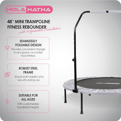 48-Inch Foldable Mini Trampoline Fitness Rebounder for Home Gym Workouts, White – with 5-Level Adjustable Handle, Heavy-Duty Steel Frame, Portable Design, and Supports up to 440 Pounds