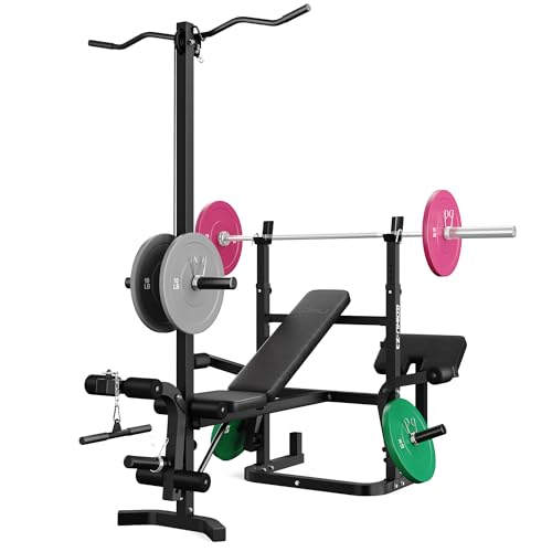 Z3 900LBS Olympic Weight Bench Set with Leg Extension, 9 in 1 Workout Press with Preacher Curl Pad and LAT Pulldown, Strength Training Bench for Home Gym - color: 100lbs Colorful Plates and Bench