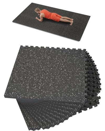 0.56 Inch Thick 48 Sq Ft Gym Flooring for Home Gym, 12 Tiles Robust Rubber Top with Eva Foam Exercise Equipment Mats, Protective Flooring Puzzle Mat for Fitness Room - color: Black & White, size: 48 Sq Ft (12 Tiles)