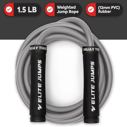 Muay Thai 3.0 Weighted Jump Rope for Men & Women - Professionally Designed for High-Intensity Training | Muay Thai, MMA & Fitness Jump Rope - Full Body Workout Weighted Rope - color: Grey 1.5lb