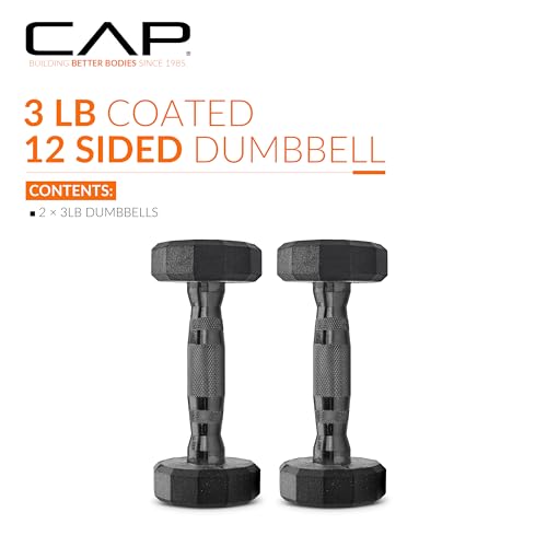 CAP Rubber Coated Dumbbell Weights, Free Weights for Home Gym Strength Training, Anti-Roll Hex Dumbbells with Black, Chrome & Comfort Grip Handles, Pairs & Sets - size: 3 lb - Pair, style: 12-Sided - Black Handle