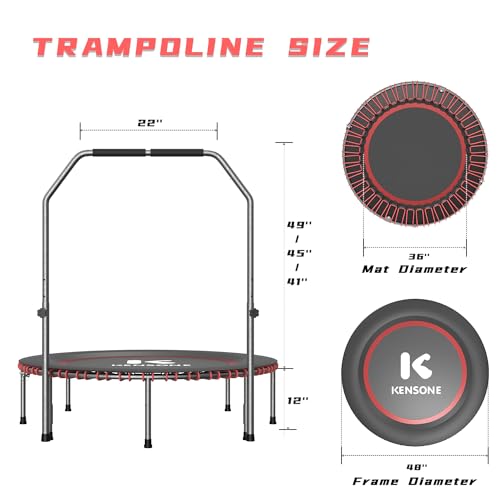 40/48" Low-Impact Rebounder Trampoline for Adults with Bungee, 450/550LBS Quiet Mini Exercise Trampoline with Adjustable U/T-Shaped Foam Handle Bar, Fitness Equipment for Indoor/Gym Workout - size: 48 inch, style: U-Bar