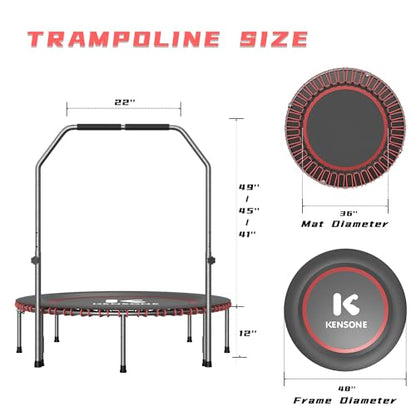 40/48" Low-Impact Rebounder Trampoline for Adults with Bungee, 450/550LBS Quiet Mini Exercise Trampoline with Adjustable U/T-Shaped Foam Handle Bar, Fitness Equipment for Indoor/Gym Workout - size: 48 inch, style: U-Bar
