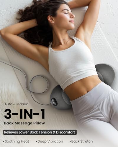 Triple Fusion Back Massager with Stretching, Vibration and Heat, 3-in-1 Electric Lumbar Pillow for Lower Back Tension Relief, Deep Tissue Relaxation Massage for Home, Office, Bed, Sofa, and Car Use