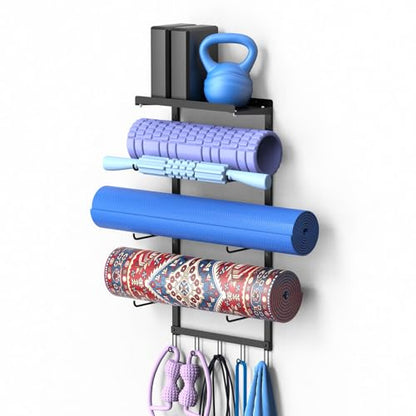 Yoga Mat Holder Wall Mount for Home Gym, 3-Tier Iron Yoga Mat Storage Rack & Organizer with Metal Shelf and 5 Hooks for Strap, Resistance Bands - Space Saving Wall Mounted Workout Equipment
