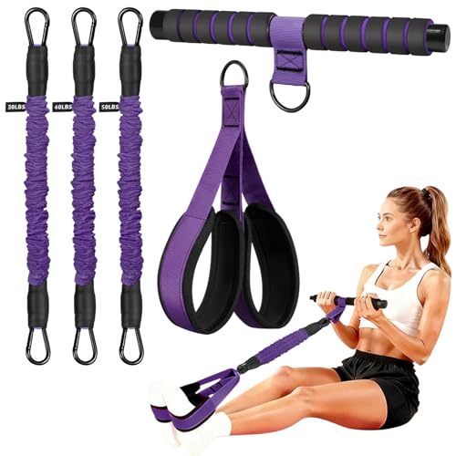 Pedal Resistance Band with Handle, 3 Tube Adjustable Resistance Bands for Abdomen, Upgraded Exercise Equipment with Soft Foot Pedal for Abs Arm Leg Waist Workout, Core Pilates (Purple)