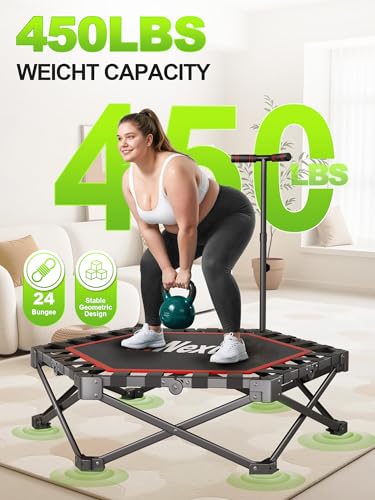 42" Foldable Mini Trampoline- 450lb Capacity Fitness Rebounder w/3-Level Adjustable T-Bar, Adults Workout Trampoline, Non-Slip Pad | Foldable Design for Home/Gym