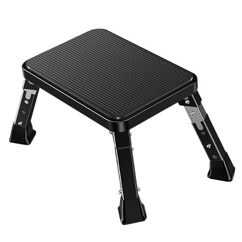 Foldable RV Step Stool, Adjustable Height 6.7-9.1in,Heavy Duty Metal Step Ladder with Wide Non-Slip Platform, Portable for Camping Home Office Use,Single Step Stool Supports 500lbs（Black）