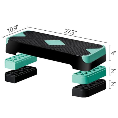 26.5" Height Adjustable Step Aerobic Platform with 4 Risers, Exercise Workout Stepper for Home Training, Gym Fitness, 4''- 6'' - 8'', 400 lbs Capacity - color: Green