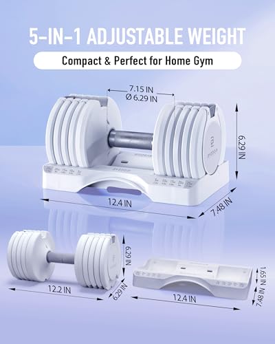BYZOOM FITNESS Pure Series Adjustable Dumbbell - 12.5/25/27.5/50/55/75lb - ONE UNIT OR PAIR(check QTY before purchase) - 5-in-1/ 10-in-1 / 15-in-1 / 21-in-1 Flexible Hand Weights for Home Apartment Garage Gym, Strength Training & Fitness Workouts, White O