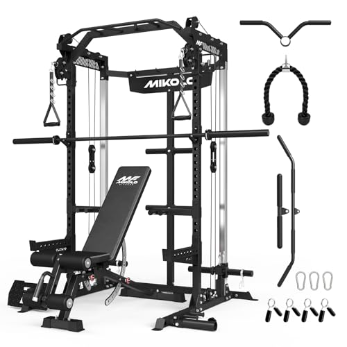 Mikolo Power Cage, 2000LB Power Rack with Independent Dual Pulley System, Multi-Function Home Gym Workout Machine for Cable Crossover and Squat - color: Black, size: Bench & Bar Package