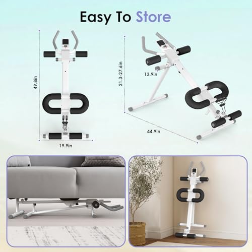 Foldable Ab Machine, 5-in-1 Adjustable Ab Trainer for Home Gym, Full-Body Core Workout Equipment with 10 Length Levels, LED Display & Silent Rollers, Sit-Up & Rowing Machine