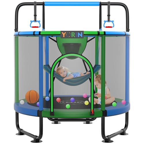 YORIN Trampoline for Kids 66'' 60'' 55'' Toddler Mini Small Outdoor Indoor Trampoline W Basketball Hoop, Swing, Adjustable Gymnastics Bar, Gift for Baby, Toddlers & Kids