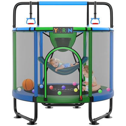 YORIN Trampoline for Kids 66'' 60'' 55'' Toddler Mini Small Outdoor Indoor Trampoline W Basketball Hoop, Swing, Adjustable Gymnastics Bar, Gift for Baby, Toddlers & Kids