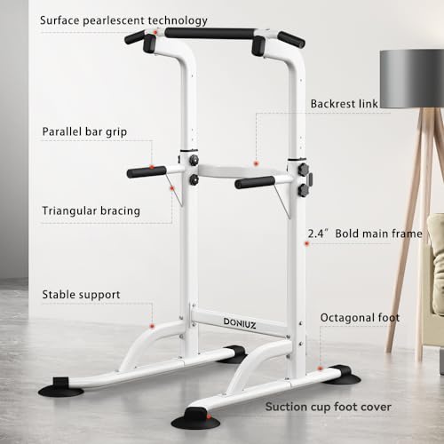 Power Tower Pull Up Bar and Dip Station, Multi-Function Home Gym, Strength Training Fitness Equipment, Height Adjustable - color: White