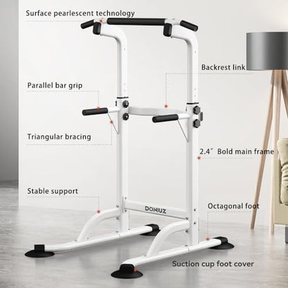 Power Tower Pull Up Bar and Dip Station, Multi-Function Home Gym, Strength Training Fitness Equipment, Height Adjustable - color: White