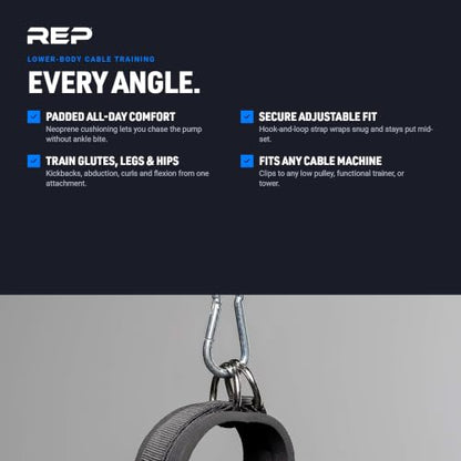 REP Fitness LAT Pulldown and Low Row Cable Machine Attachments and Functional Trainer Attachments – Curl Bar, D-Handle, Ankle Cuff, Tricep Rope, Sports Handle, Straight Bar, Row, Chinning Triangle - style: Ankle Cuff
