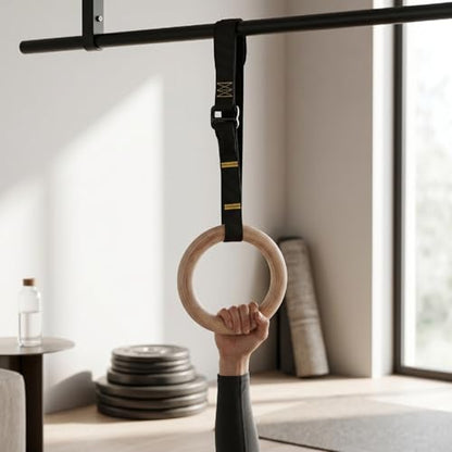 Wooden Gym Rings Birch Wood Rings Gymnastics with 1.5 Inch Numbered Straps Rotating Carabiner for Home Gym Strength Training