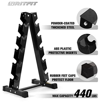 RitFit Rubber Hex Dumbbell Set with Storage Weight Rack - style: 180 LBS (5-35LB)