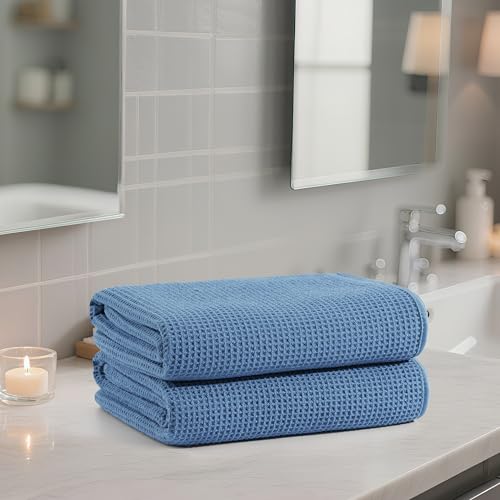 POLYTE 380 GSM Poly Blend Microfiber Quick Dry Waffle Bath Towel, 30x60 in - color: Blue