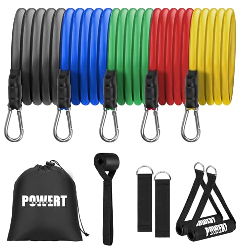 POWERT Resistance Bands Set (11pcs), Workout Bands with Handles, Door Anchor, Ankle Straps and Carry Bag, Exercise Bands, Portable Set, Good for Home Gym Fitness,Sports, Physical Therapy
