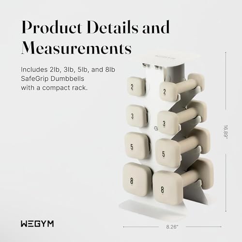 WeGym SafeGrip Square Dumbbells with Anti-Slip Handles, Safe Weight Lifting Equipment for Home Gym, Aesthetic Dumbbell Sets (Starter Set 2+3+5+8LB Pair with Sandstone Rack - Sandstone Set)