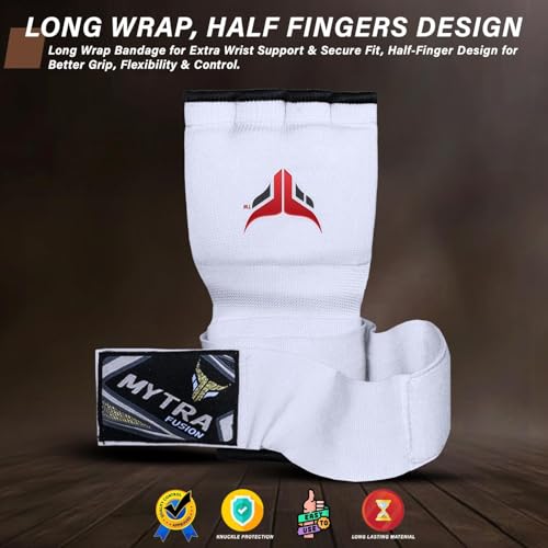 Mytra Fusion Gel Padded Inner Gloves Boxing Hand Wraps for Kids, Boxing Wraps with 80 cm Long Wrist Strap for MMA, Kickboxing, Punching, Martial Arts & Muay Thai Hand Wraps - color: White