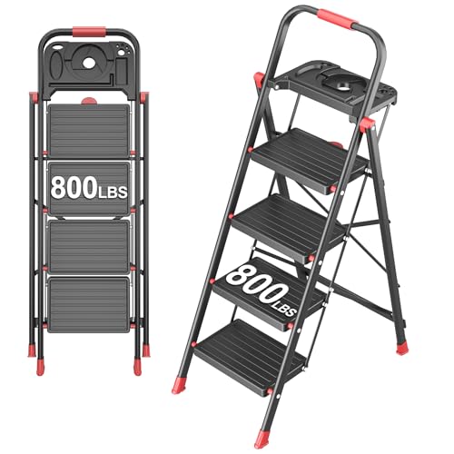 4 Step Foldable Step Ladder with Mutifunctional Tool Tray, Platform Ladders Stepstools, Step Stool 4 Step Folding with Non-Slip Pedals, 800lbs Bearing Capacity for Adults, Home, Kitchen, Black Red - color: Black Red, size: 4 Step