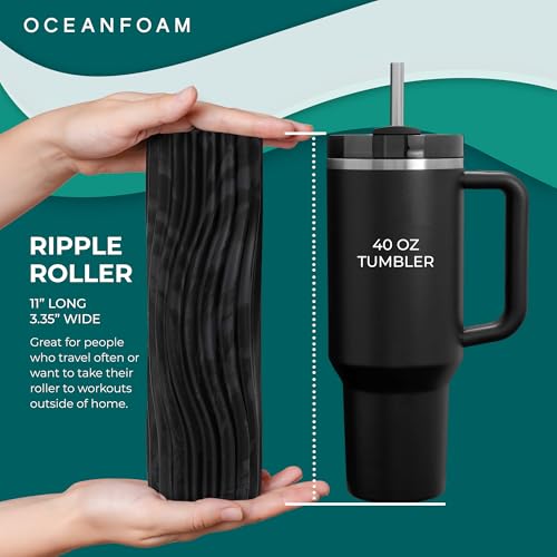 Ripple Travel Foam Roller (11" x 3.35") Firm Mini Foam Roller for Physical Therapy, Deep Tissue Massage, Back Pain - High Density, Wave Textured - Yoga, Exercise (Black & Charcoal Marbled) - color: Black & Charcoal Marbled