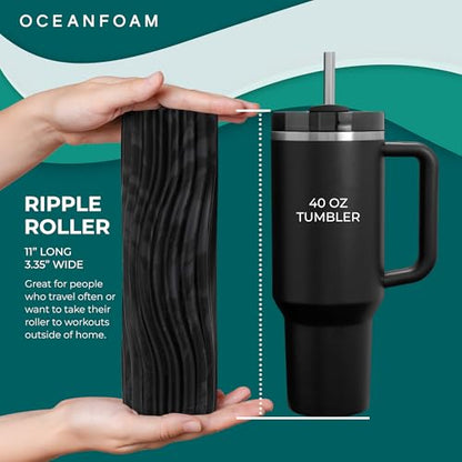 Ripple Travel Foam Roller (11" x 3.35") Firm Mini Foam Roller for Physical Therapy, Deep Tissue Massage, Back Pain - High Density, Wave Textured - Yoga, Exercise (Black & Charcoal Marbled) - color: Black & Charcoal Marbled